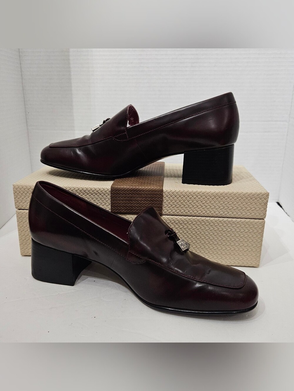 Lauren Ralph Lauren Burgundy Leather Tassel Heeled Loafers 9 Block Heel